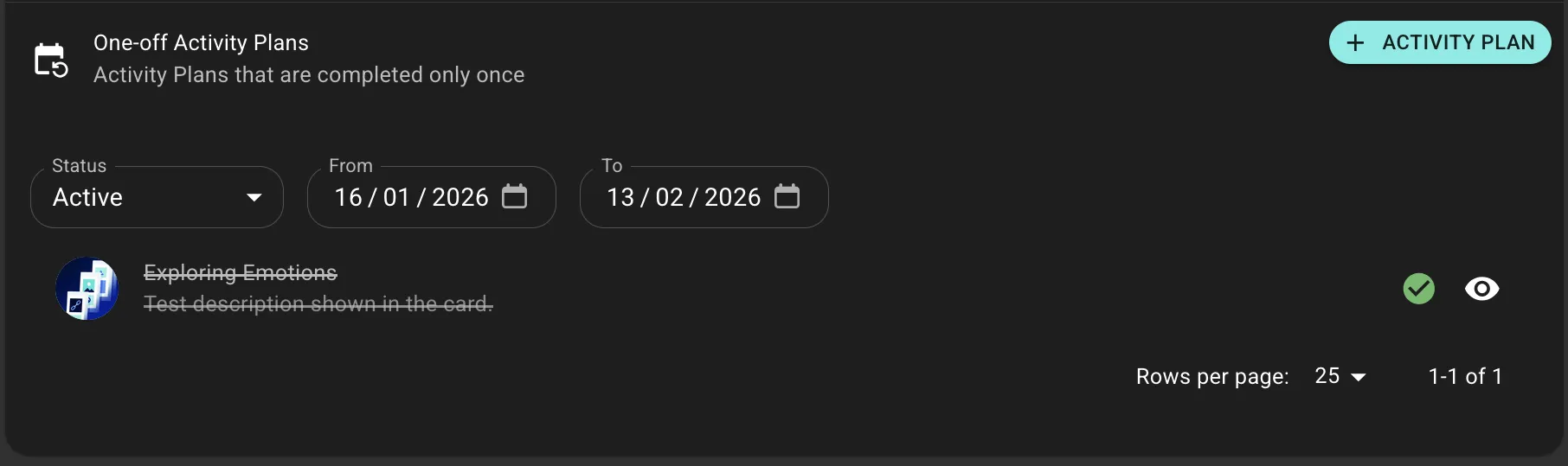 One-off Activity Plans List