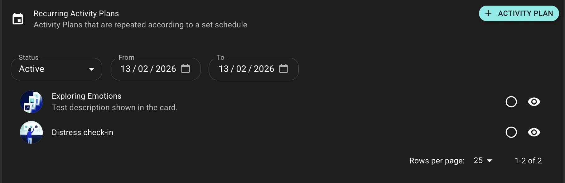 Recurring Activity Plans List